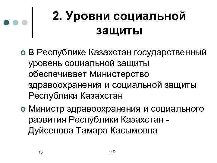 2. Уровни социальной защиты В Республике Казахстан государственный уровень социальной защиты обеспечивает Министерство здравоохранения