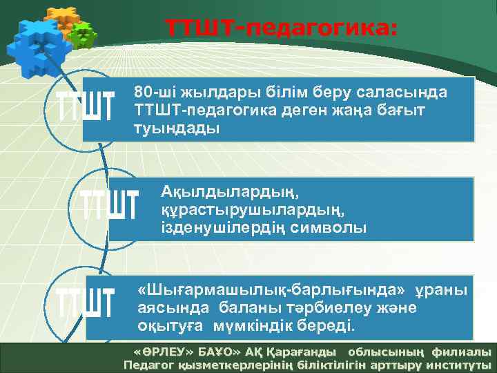 ТТШТ педагогика: 80 -ші жылдары білім беру саласында ТТШТ-педагогика деген жаңа бағыт туындады Ақылдылардың,