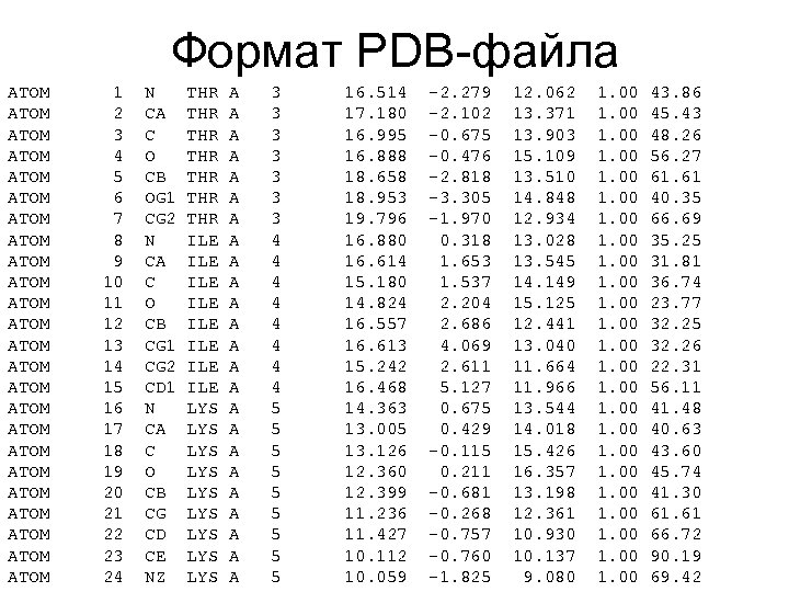 Формат PDB-файла ATOM ATOM ATOM ATOM ATOM ATOM 1 2 3 4 5 6