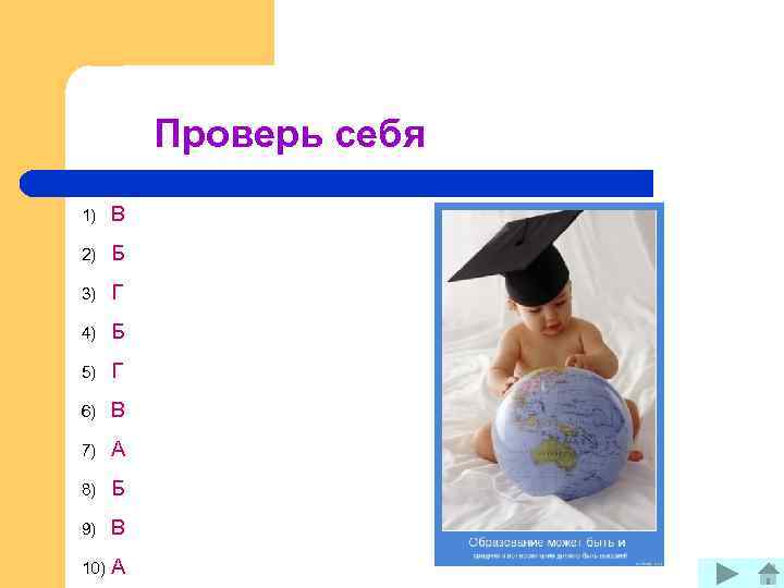 Проверь себя 1) В 2) Б 3) Г 4) Б 5) Г 6) В