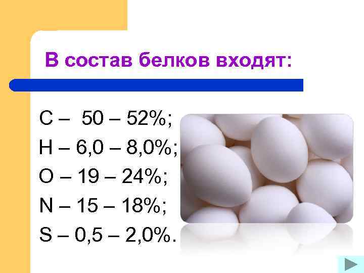 В состав белков входят: С – 50 – 52%; Н – 6, 0 –