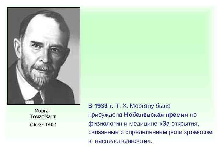 Морган Томас Хант (1866 - 1945) В 1933 г. Т. Х. Моргану была присуждена