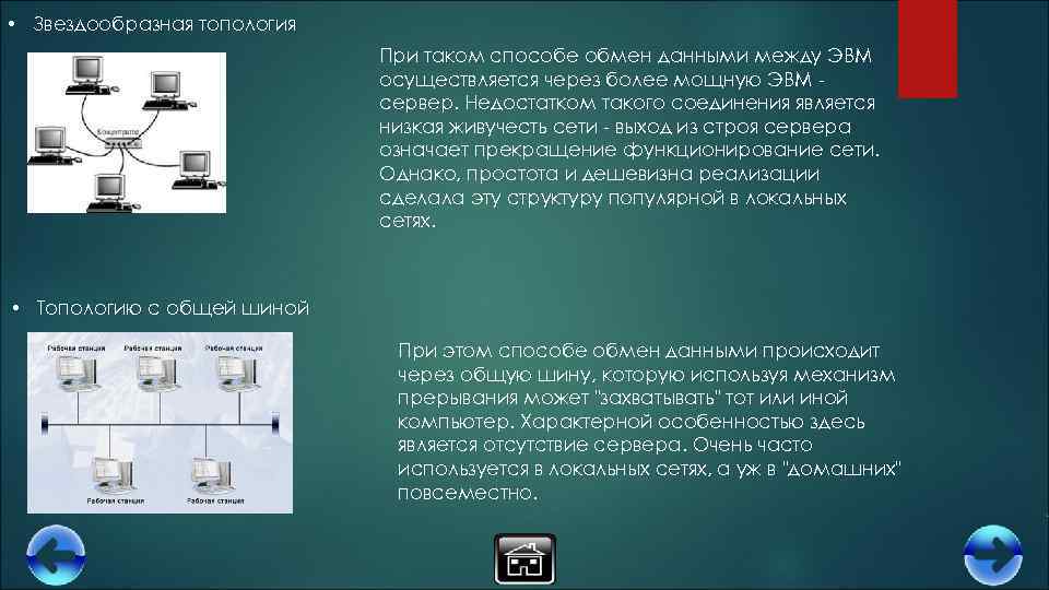  • Звездообразная топология При таком способе обмен данными между ЭВМ осуществляется через более