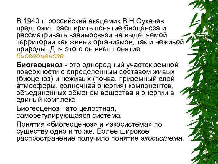 В 1940 г. российский академик В. Н. Сукачев предложил расширить понятие биоценоза и рассматривать