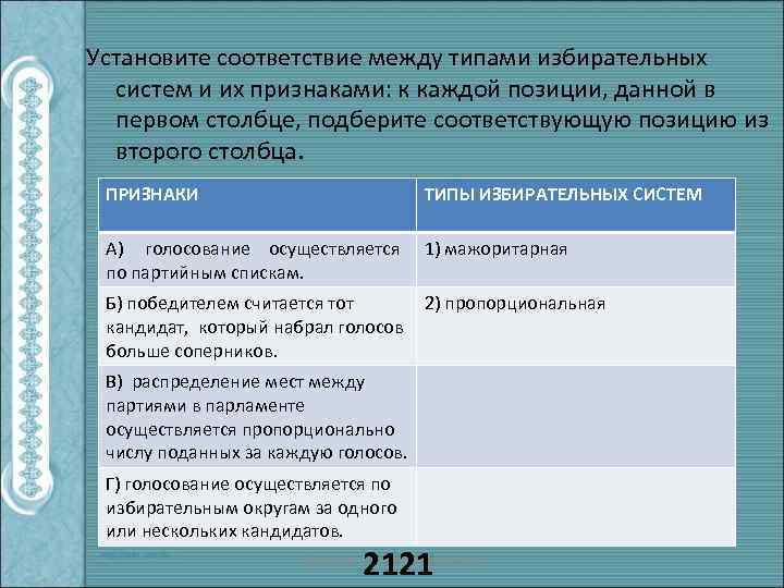 Установите соответствие между типами избирательных систем и их признаками: к каждой позиции, данной в