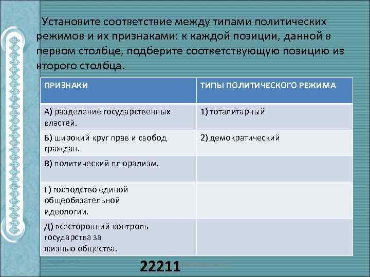  Установите соответствие между типами политических режимов и их признаками: к каждой позиции, данной