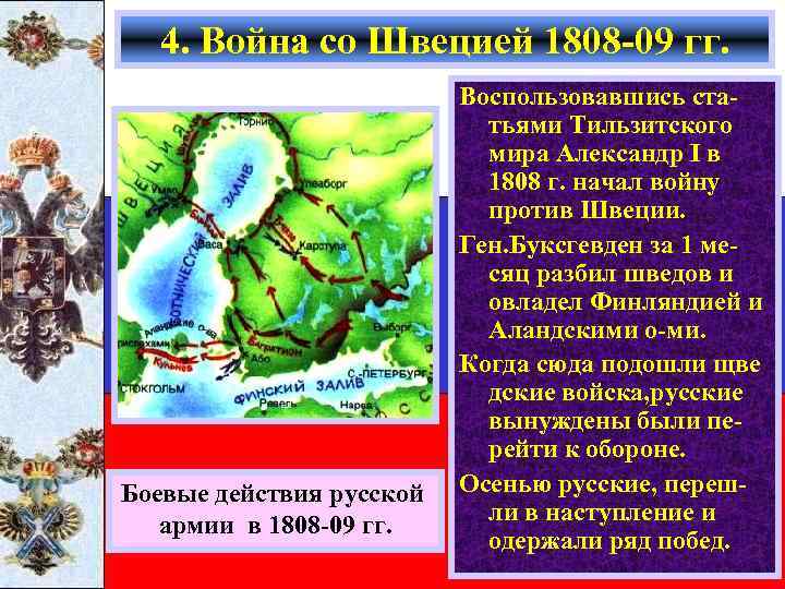 4. Война со Швецией 1808 -09 гг. Боевые действия русской армии в 1808 -09