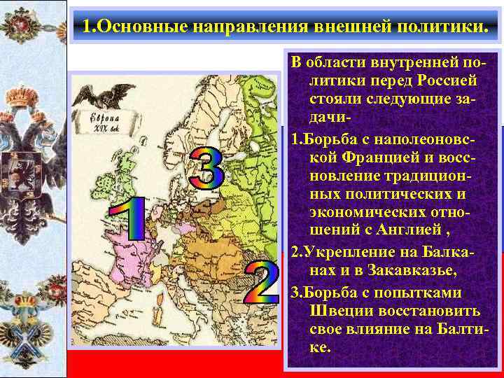 1. Основные направления внешней политики. В области внутренней политики перед Россией стояли следующие задачи