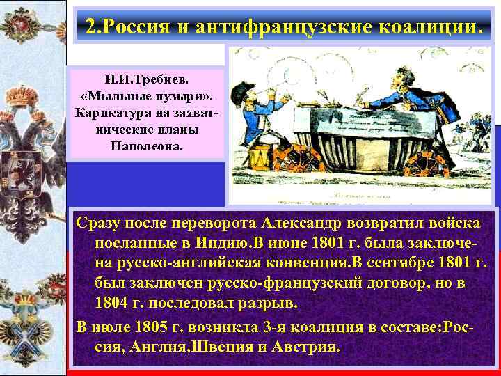 2. Россия и антифранцузские коалиции. И. И. Требнев. «Мыльные пузыри» . Карикатура на захватнические