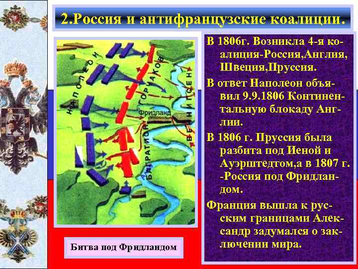 2. Россия и антифранцузские коалиции. Битва под Фридландом В 1806 г. Возникла 4 -я