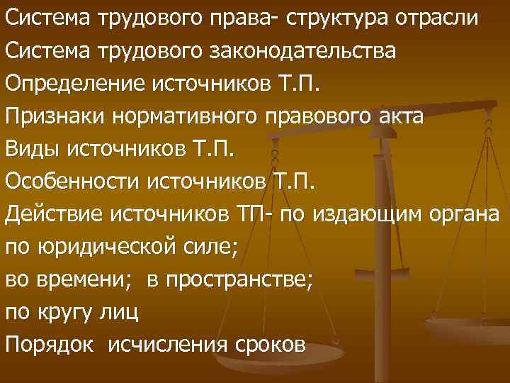 Система трудового права- структура отрасли Система трудового законодательства Определение источников Т. П. Признаки нормативного