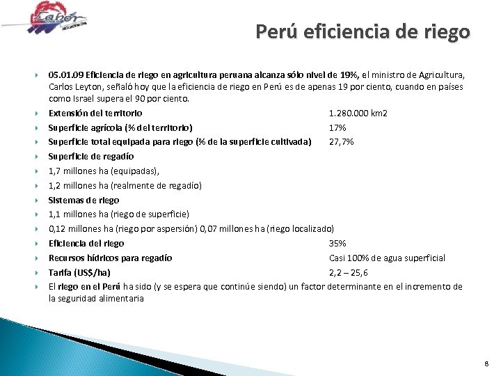 Perú eficiencia de riego 05. 01. 09 Eficiencia de riego en agricultura peruana alcanza