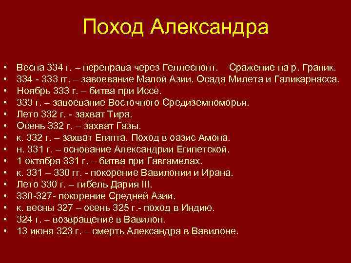 Поход Александра • • • • Весна 334 г. – переправа через Геллеспонт. Сражение