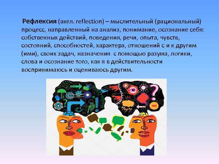 Рефлексия (англ. reflection) – мыслительный (рациональный) процесс, направленный на анализ, понимание, осознание себя: собственных