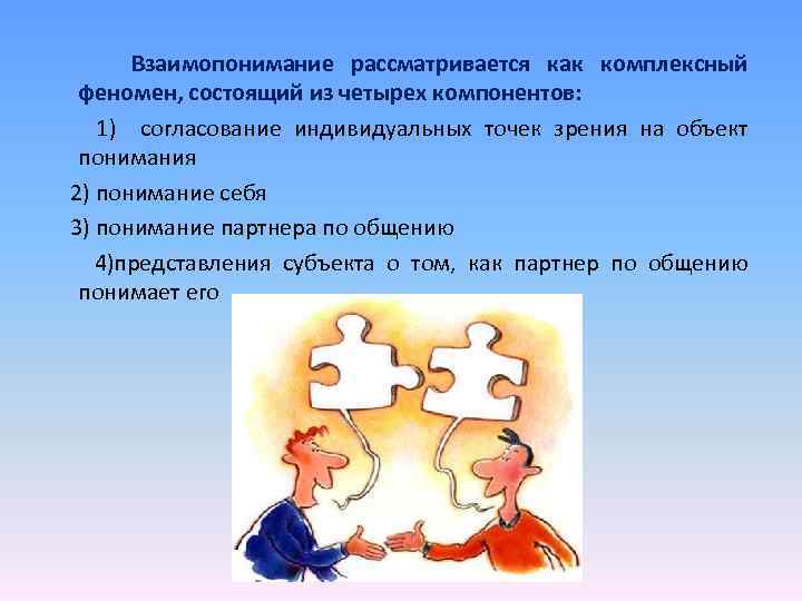 Взаимопонимание рассматривается как комплексный феномен, состоящий из четырех компонентов: 1) согласование индивидуальных точек зрения