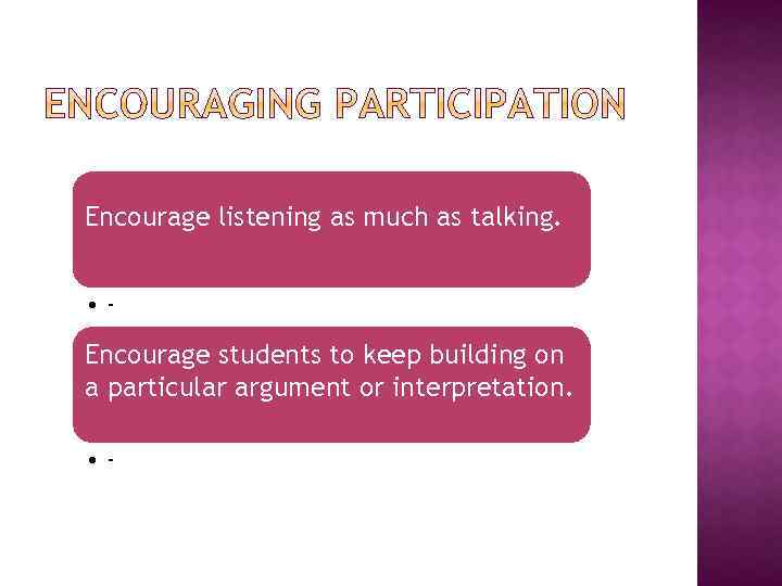 Encourage listening as much as talking. • - Encourage students to keep building on