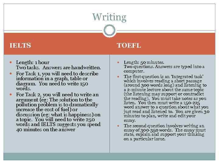 Writing IELTS TOEFL Length: 1 hour Two tasks. Answers are handwritten. For Task 1,