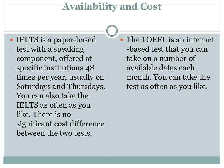 Availability and Cost IELTS is a paper-based test with a speaking component, offered at