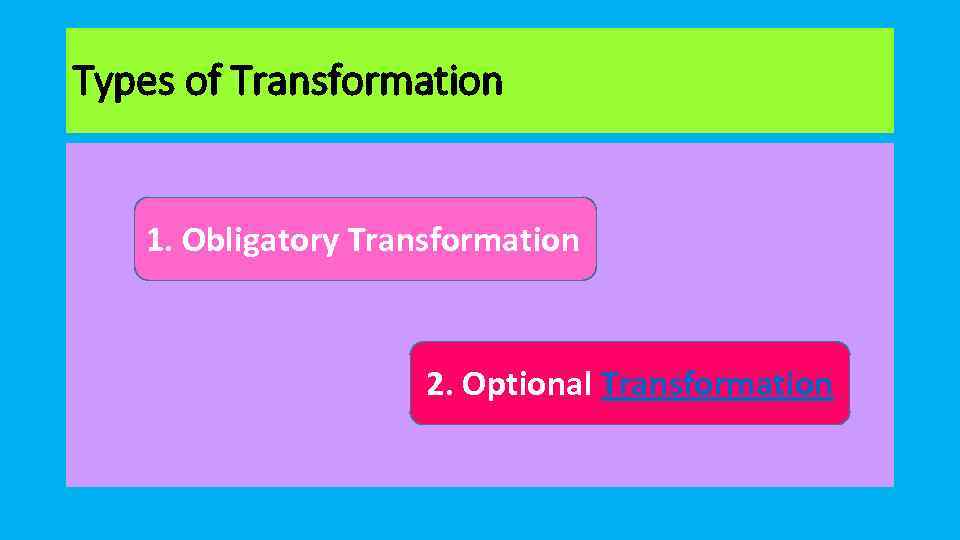 Types of Transformation 1. Obligatory Transformation 2. Optional Transformation 