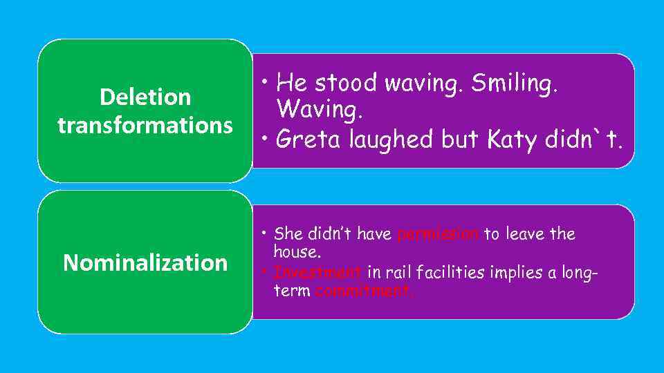 Deletion transformations • He stood waving. Smiling. Waving. • Greta laughed but Katy didn`t.