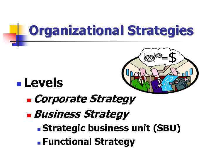 Organizational Strategies n Levels Corporate Strategy n Business Strategy n Strategic business unit (SBU)