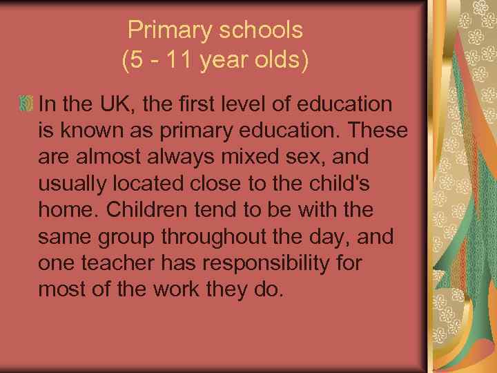 Primary schools (5 - 11 year olds) In the UK, the first level of