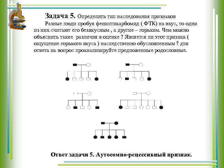 Задача 5. Определить тип наследования признаков Разные люди пробуя фенилтикарбомид ( ФТК) на вкус,