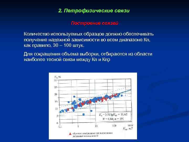 2. Петрофизические связи Построение связей Количество используемых образцов должно обеспечивать получение надежной зависимости во