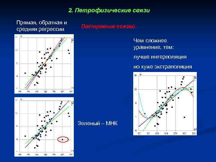 2. Петрофизические связи Прямая, обратная и средняя регрессии Построение связей Чем сложнее уравнение, тем: