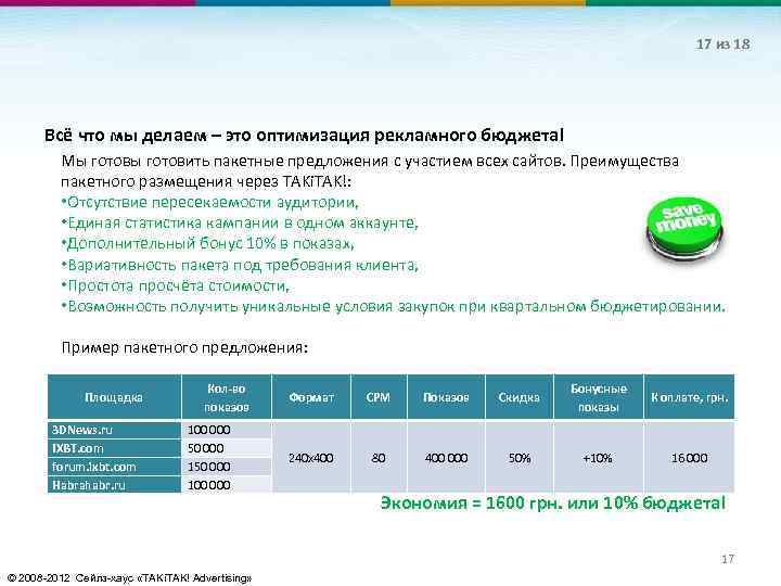17 из 18 Всё что мы делаем – это оптимизация рекламного бюджета! Мы готовить