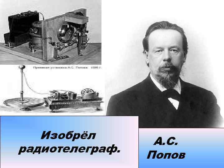 Изобрёл радиотелеграф. А. С. Попов 