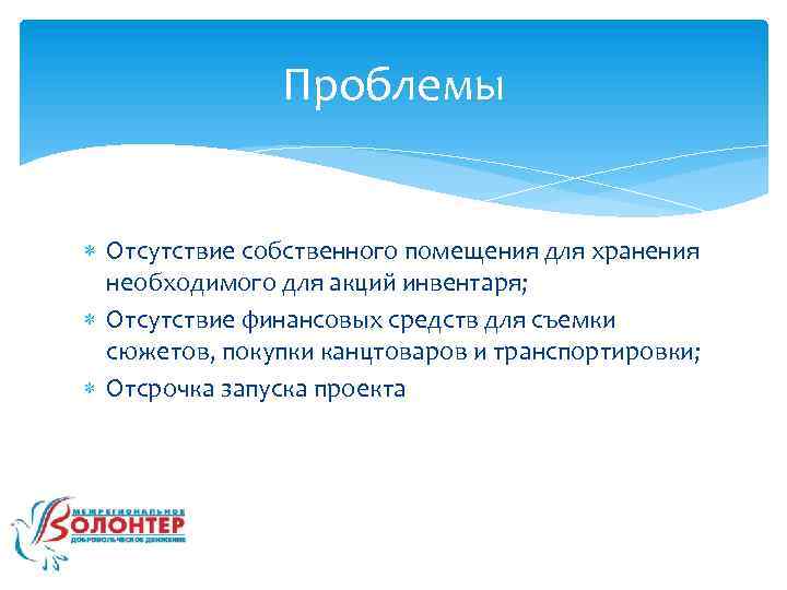 Проблемы Отсутствие собственного помещения для хранения необходимого для акций инвентаря; Отсутствие финансовых средств для