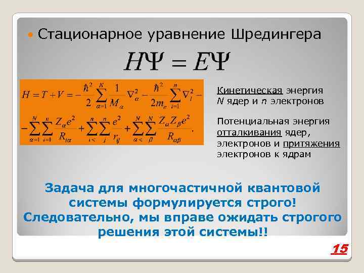  Стационарное уравнение Шредингера Кинетическая энергия N ядер и n электронов Потенциальная энергия отталкивания