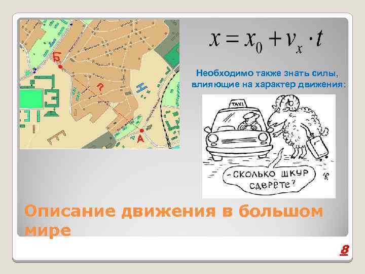 Необходимо также знать силы, влияющие на характер движения: Описание движения в большом мире 8