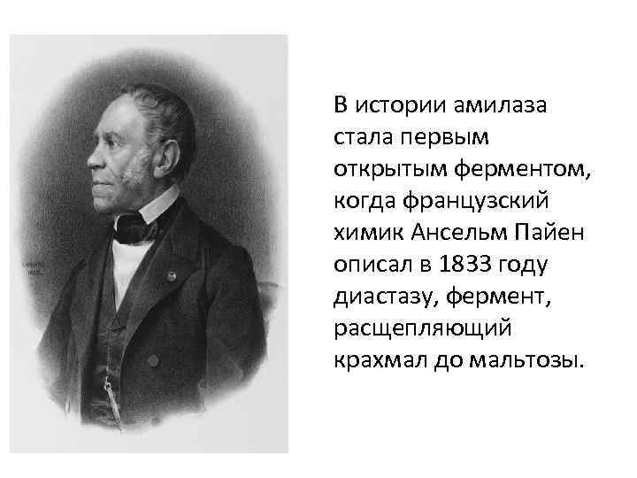  В истории амилаза стала первым открытым ферментом, когда французский химик Ансельм Пайен описал