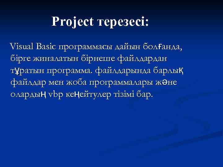 Project терезесі: Visual Basic программасы дайын болғанда, бірге жиналатын бірнеше файлдардан тұратын программа. файлдарында