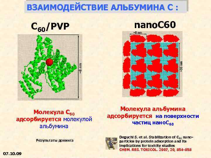 ВЗАИМОДЕЙСТВИЕ АЛЬБУМИНА С : C 60/PVP Молекула C 60 адсорбируется молекулой альбумина Результаты докинга