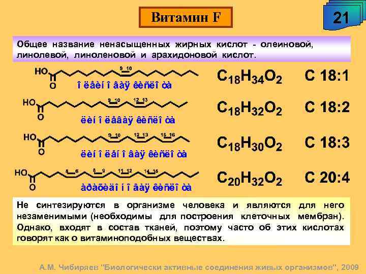 Витамин F 21 Общее название ненасыщенных жирных кислот - олеиновой, линоленовой и арахидоновой кислот.