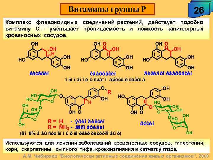 Витамины группы Р 26 Комплекс флавоноидных соединений растений, действует подобно витамину С – уменьшает