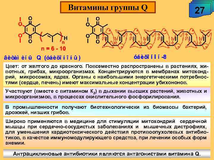 Витамины группы Q 27 Цвет: от желтого до красного. Повсеместно распространены в растениях, животных,