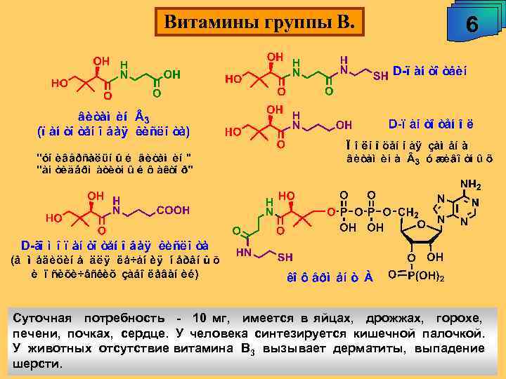 Витамины группы В. 6 Суточная потребность - 10 мг, имеется в яйцах, дрожжах, горохе,