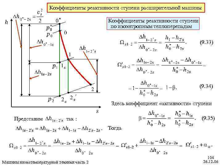Коэффициенты реактивности ступени расширительной машины Коэффициенты реактивности ступени по изоэнтропным теплоперепадам (9. 33) (9.