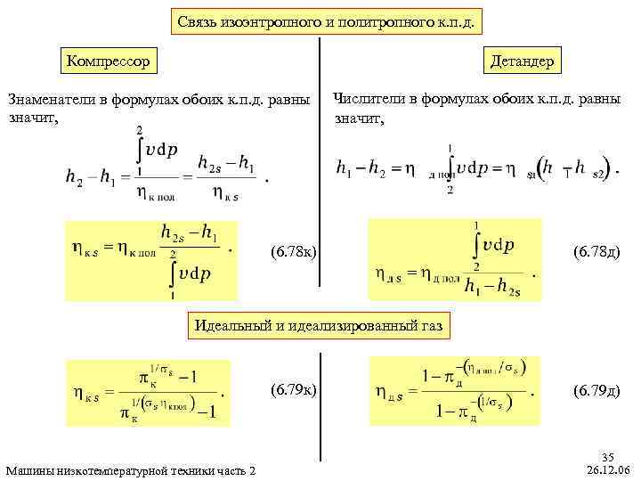 Связь изоэнтропного и политропного к. п. д. Детандер Компрессор Знаменатели в формулах обоих к.