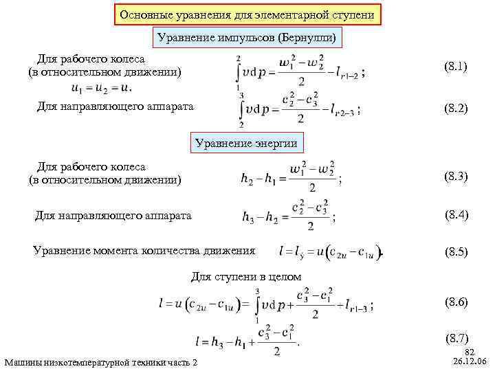 Основные уравнения для элементарной ступени Уравнение импульсов (Бернулли) Для рабочего колеса (в относительном движении)