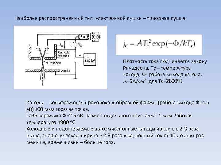 Наиболее распространенный тип электронной пушки – триодная пушка Плотность тока подчиняется закону Ричадсона. Тс
