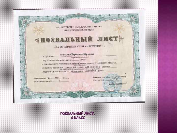 ПОХВАЛЬНЫЙ ЛИСТ. 6 КЛАСС 