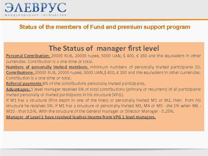 Status of the members of Fund and premium support program The Status of manager