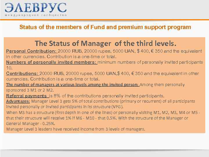 Status of the members of Fund and premium support program The Status of Manager