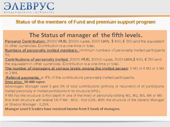 Status of the members of Fund and premium support program The Status of manager