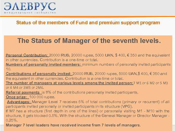 Status of the members of Fund and premium support program The Status of Manager